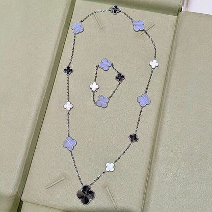 [Luxery]DETACHABLE CLOVER 15(11+4) FLOWER SILVER NECKLACE SET
