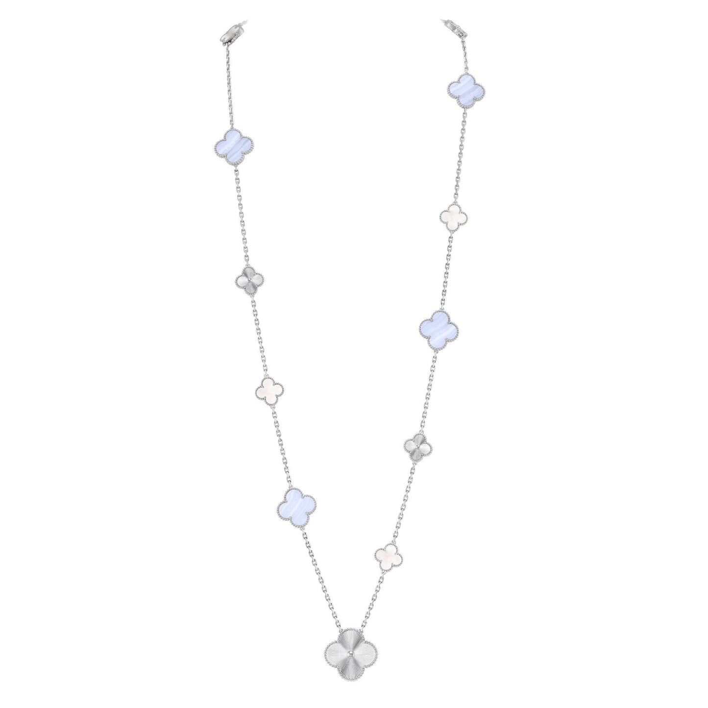 [Luxery]DETACHABLE CLOVER 15(11+4) FLOWER SILVER NECKLACE SET