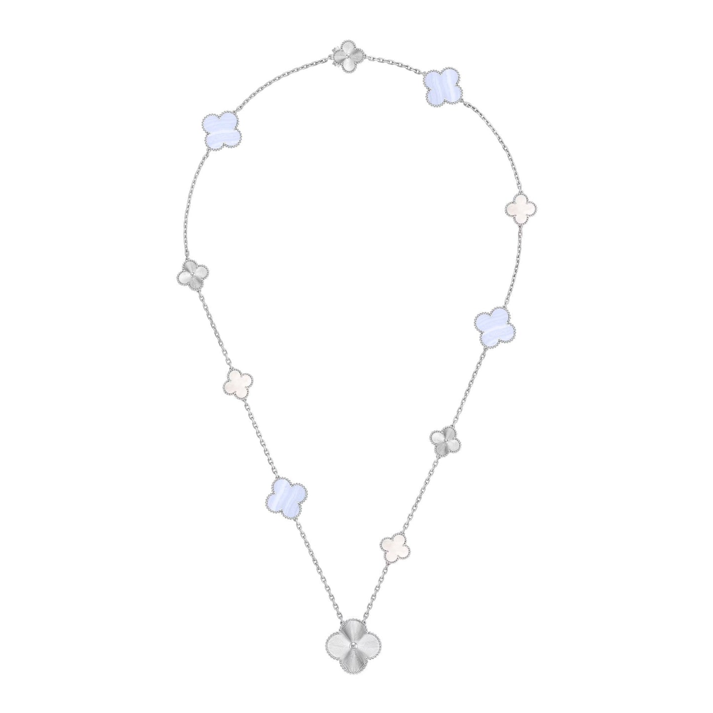 [Luxery]DETACHABLE CLOVER 15(11+4) FLOWER SILVER NECKLACE SET