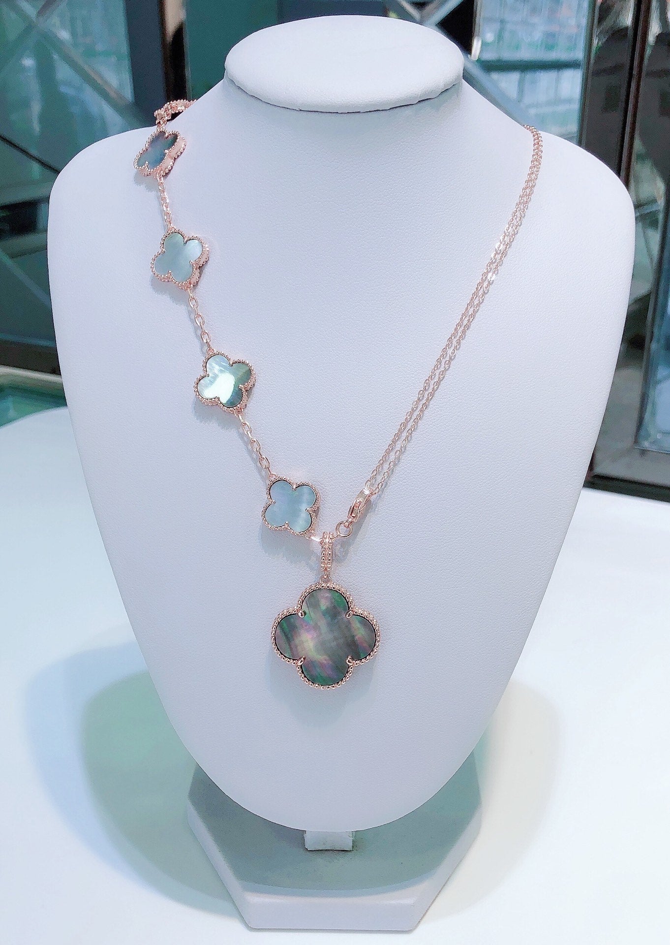 [Luxery]COMBINED BRACELET 5 MOTIFS AND NECKLACE DARK MOP ROSE GOLD