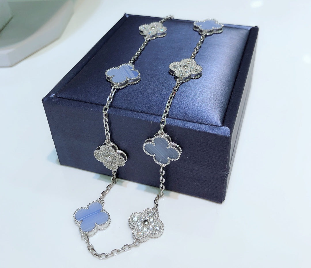 [Luxery]CLOVER 10 MOTIFS CHALCEDONY DIAMONDS SILVER NECKLACE