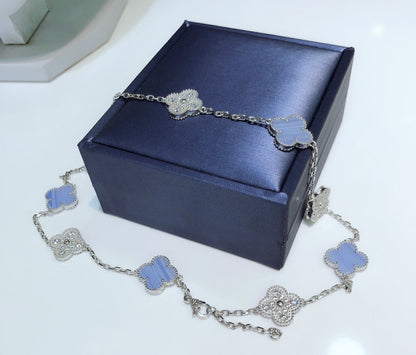 [Luxery]CLOVER 10 MOTIFS CHALCEDONY DIAMONDS SILVER NECKLACE