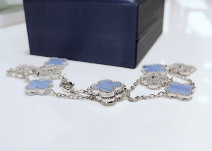 [Luxery]CLOVER 10 MOTIFS CHALCEDONY DIAMONDS SILVER NECKLACE